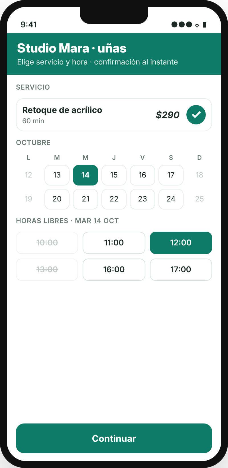 Example of the booking page on a phone