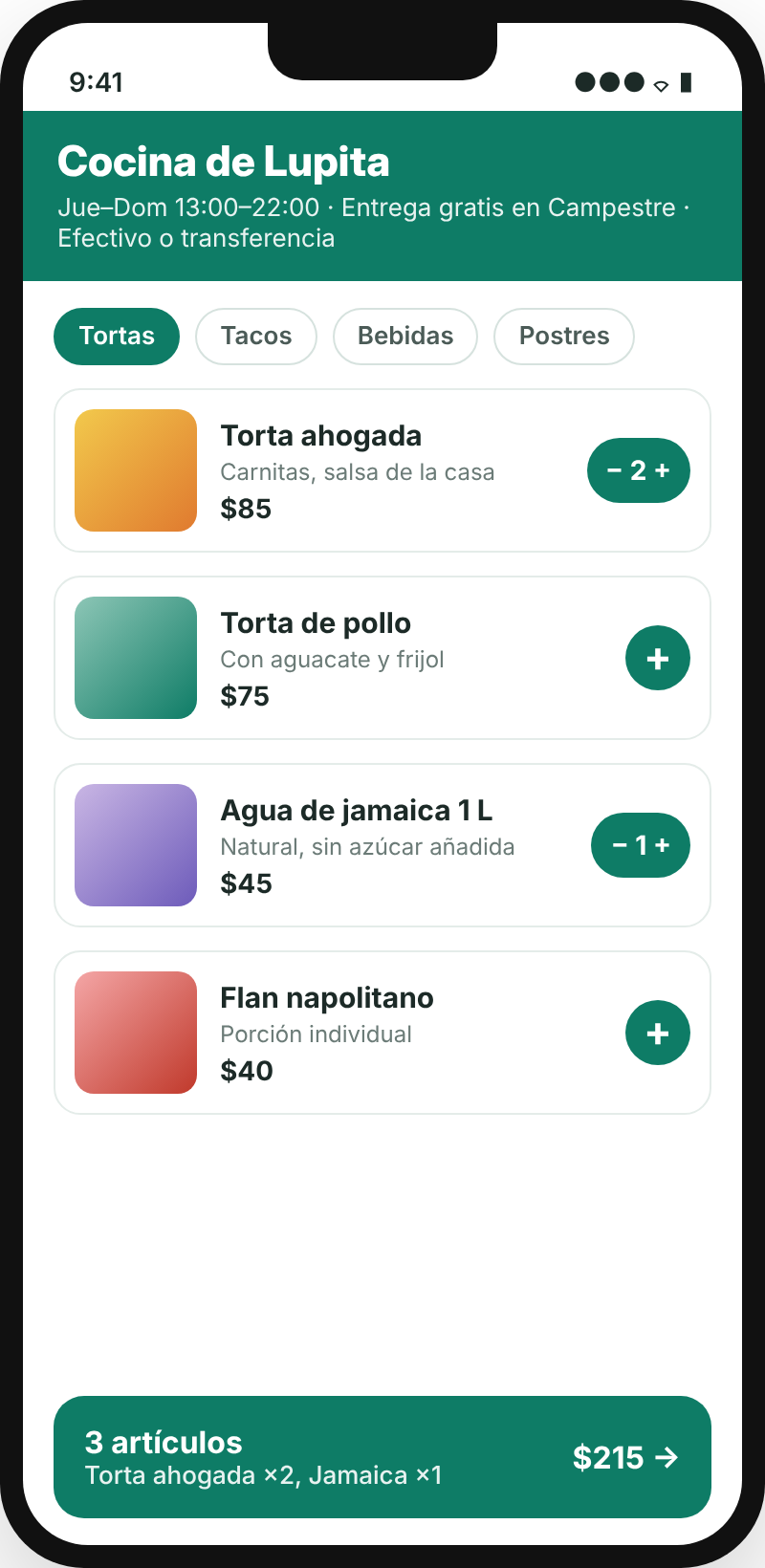 Example of the menu with orders on a phone